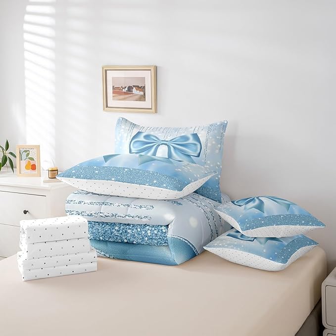 Feelyou Kids Cute Bowknot 7 Pieces Bedding Set Queen Size, Dreamy Princess Comforter Set with Sheets Boys Girls Glitter Bed in A Bag Blue Bow Teens Bed Set Bedroom Decor 7Pcs