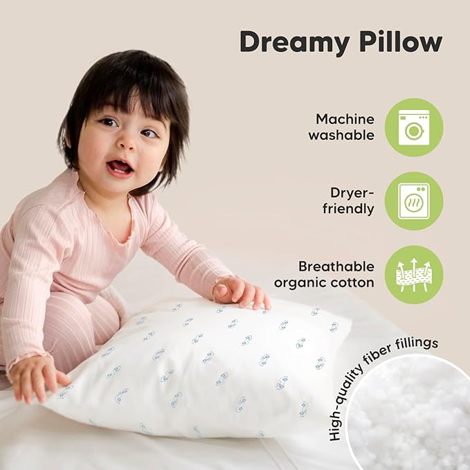 KeaBabies 2-Pack Toddler Pillows 2 Year Old to 5-13x18 Soft Organic Cotton Kids Pillow for Sleeping, Travel, School, Daycare, Nap, Toddler Bed, Machine Washable, Without Pillowcase (Roadsters)