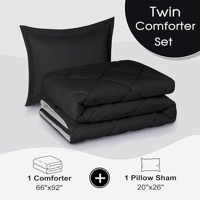 Beyond Basic Twin Comforter Set - Reversible All Seasons, Black/Grey, 1 Comforter (66"x92") and 1 Pillow Sham (20"x26"+2")