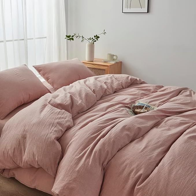 Face Two Face Bedding Duvet Cover Set 3 Pieces 100% Washed Cotton Duvet Cover Linen Like Textured Breathable Durable Soft Comfy (King, Old Pink)