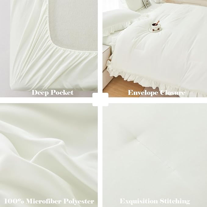 ANGIYUIN 5Pcs Full Szie Comforter Set Ivory Ruffle Bed in A Bag with Sheets Beige Farmhouse Aesthetic Bedding Comforter Set Soft Fluffy Bed Sets for Kids Teens(Ivory Full)
