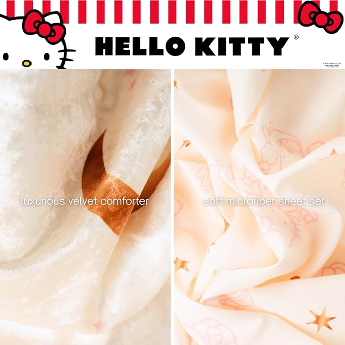 Lux Hello Kitty Velvet Bedding 5 Piece Super Soft Cozy Reversible Comforter and Sheet Set with Sham & Tote Bag, Twin, (Officially Licensed Product) by Franco