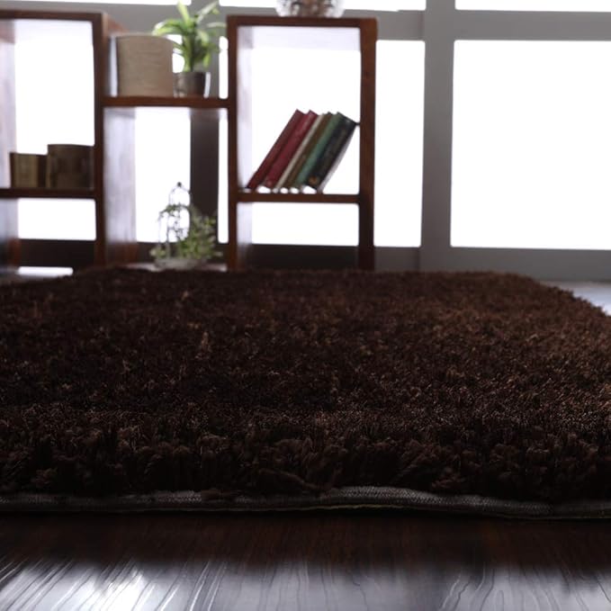 Hand Tufted SHAG Polyester ECO-Friendly Area Rugs - 8'x10', Rectangle, Brown, Solid Plain Design, High Pile Thick Handmade Anti Skid Area Rugs for Living Room, Bed Room K00111