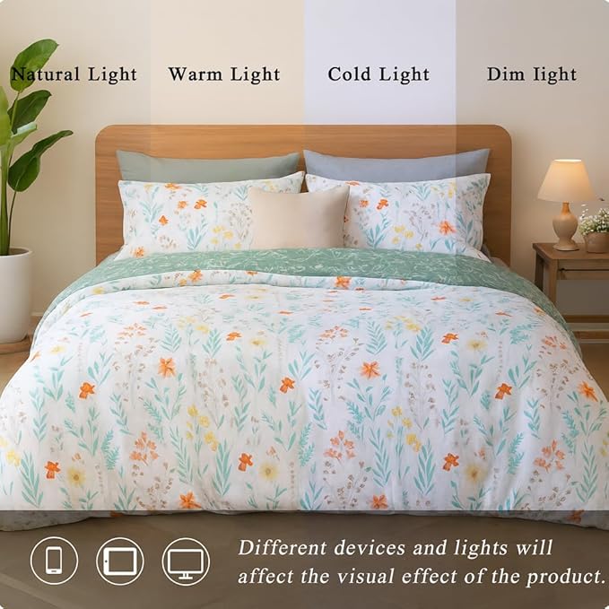 White Green Floral Microfiber Duvet Cover Set 3Pcs King Bedding Comforter Cover Reversible Quilt Soft Bedspread Zipper Closure Tie Modern Farmhouse Boho Cottage Style Luxury Bedroom Decor Bedding
