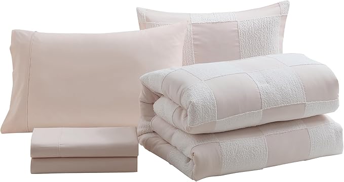 Kids Comforter Set Bedding Set Bed in a Bag for Boys and Girls Toddlers Printed Sheet Set and Comforter, Twin, Chenille Checkered Blush Pink