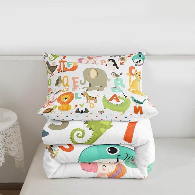 Feelyou Kids Cartoon Wild Animals Bedding Set for Girls Boys Nursery Letter Comforter DecorWildlife Decor Comforter Set Nature Vibrant Colorful Duvet Set Twin Size Quilt Boys