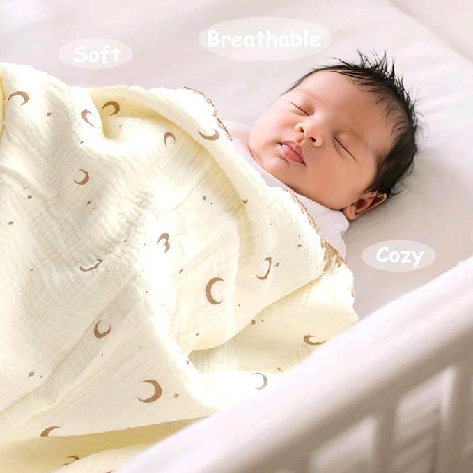 Double Layered 100% Cotton Muslin Baby Blanket Ultra-Soft 40x40 Inch Swaddling Nursery Crib Blanket（Moon Stars）