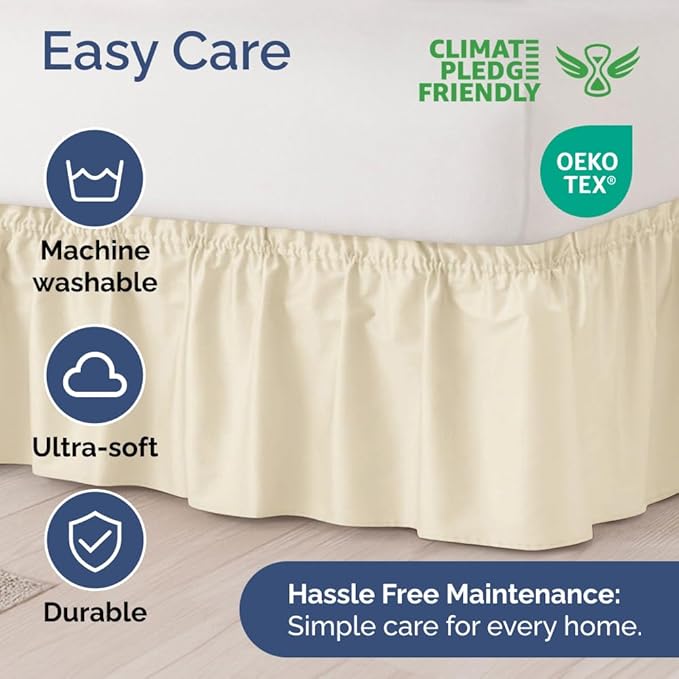 Wrap Around Dust Ruffle Bed Skirt - Off White - for Full Size Beds w/ 12 Inch Drop - Easy Fit Elastic Strap - Adjustable Pleated Bedskirt w/Brushed Fabric - Wrinkle Free - Women, Men, Kids & Teens