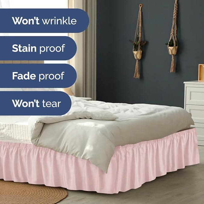 Wrap Around Dust Ruffle Bed Skirt - Lavender Pink - for Queen Size Beds w/ 15 Inch Drop - Easy Fit Elastic Strap - Adjustable Pleated Bedskirt w/Brushed Fabric -Wrinkle Free, Women, Men, Kids & Teens
