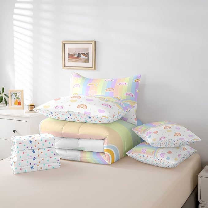 Feelyou Boys Girls Rainbow Comforter Set with Sheets Twin Size, Colorful Stripes Bed in A Bag Geometric 7 Pieces Bedding Sets Kids Modern Art Teens Bed Set Room Decor