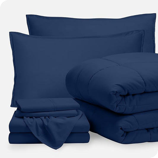 Bare Home Bed-in-A-Bag 7 Piece Comforter & Sheet Set - Full - Goose Down Alternative - Ultra-Soft 1800 Premium Bedding Set (Full, Dark Blue/Dark Blue)
