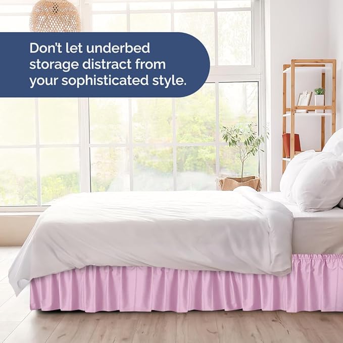 Wrap Around Dust Ruffle Bed Skirt - Light Pink - for King Size Beds with 18 Inch Drop - Elastic Strap - Adjustable Pleated Bedskirt with Brushed Fabric and Wrinkle Free - for Women, Men, Kids & Teens