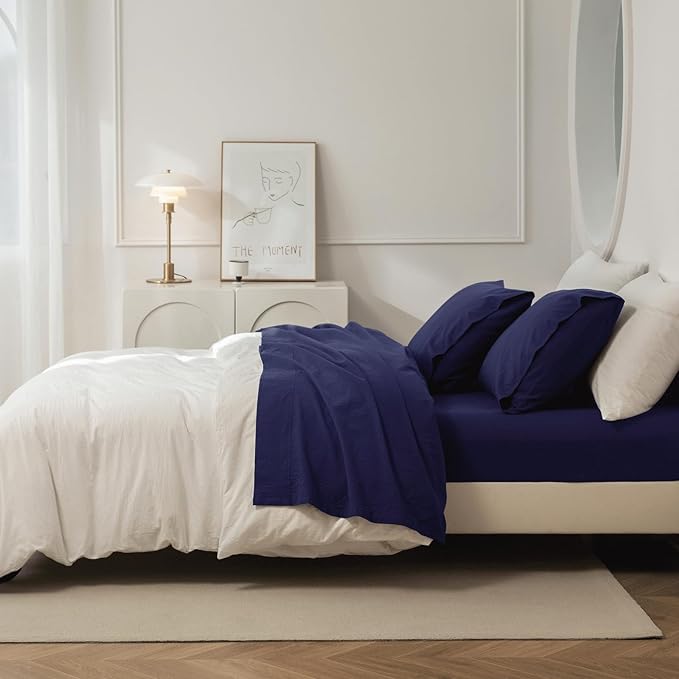 JIYUAN 100% Washed Cotton Sheet Set 4 Pieces Queen,1 Fitted Sheet,1 Flat Sheet and 2 Pillowcases,Comfy and Breathable Linen Like Bedding Set,Navy Blue