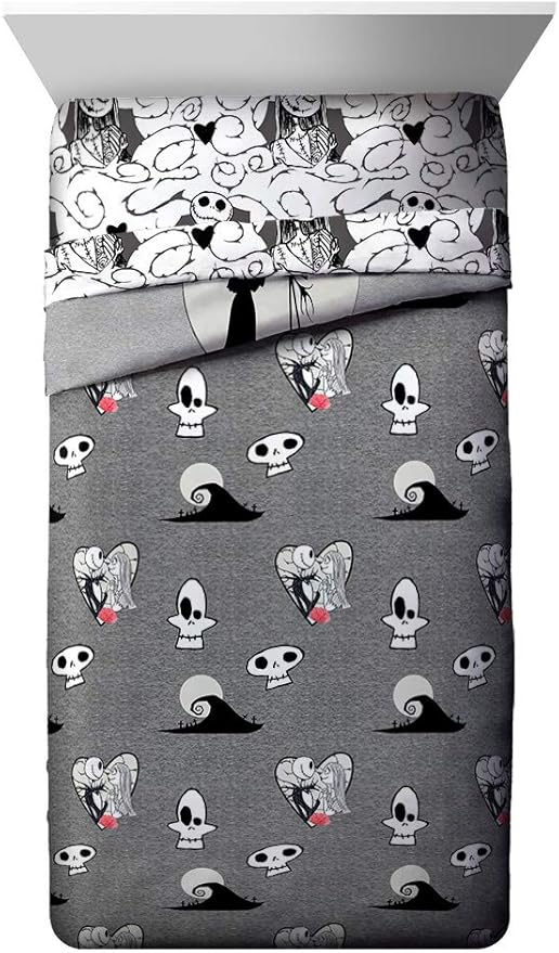 Jay franco Disney Nightmare Before Christmas Moonlight 7 Pc Jay franco Queen Bed Set-Includes Reversible Comforter&Sheet Set-Features Jack&Sally-Super Soft Fade Microfiber-(Official Disney Product)