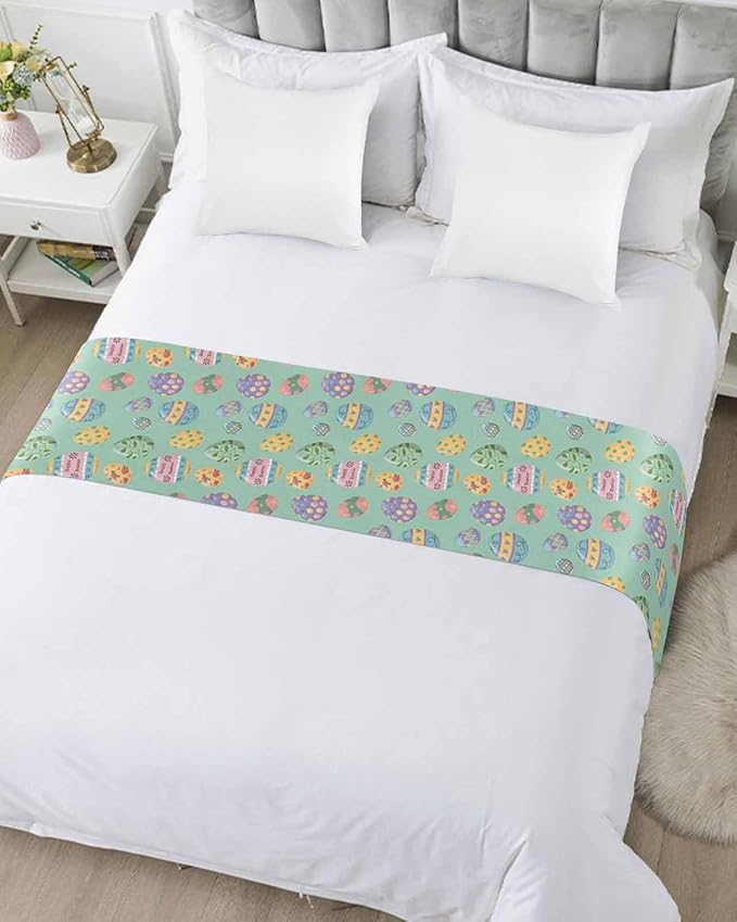 Happy Easter Eggs Bed Runners for Bedroom Hotel,Decorative Bedding Scarf Seamless Colorful Egg on Green Bed End Blanket Bedding Runner Scarves for Twin Size Beds,71x20in