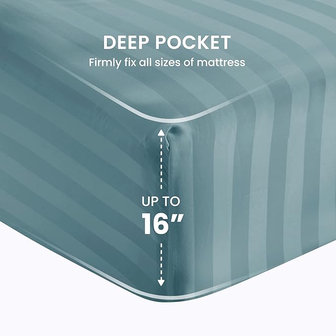 SLEEP ZONE Striped Cooling Queen Sheets Set - Fitted Flat Sheet & Pillowcase Sets 4 Piece - Super Soft Stripe Bed Sheet, Easy Care, Deep Pocket (Flint Blue, Queen)