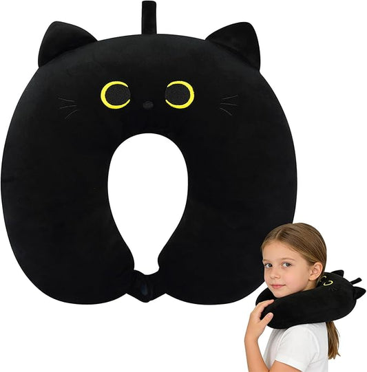Kids Travel Pillow, Black Cat Travel Neck Pillow Cartoon Headrest for Kids Boys Girls, Soft U Shaped Travel Pillow for Kids, Airplanes, Cars, Long Trips, Home