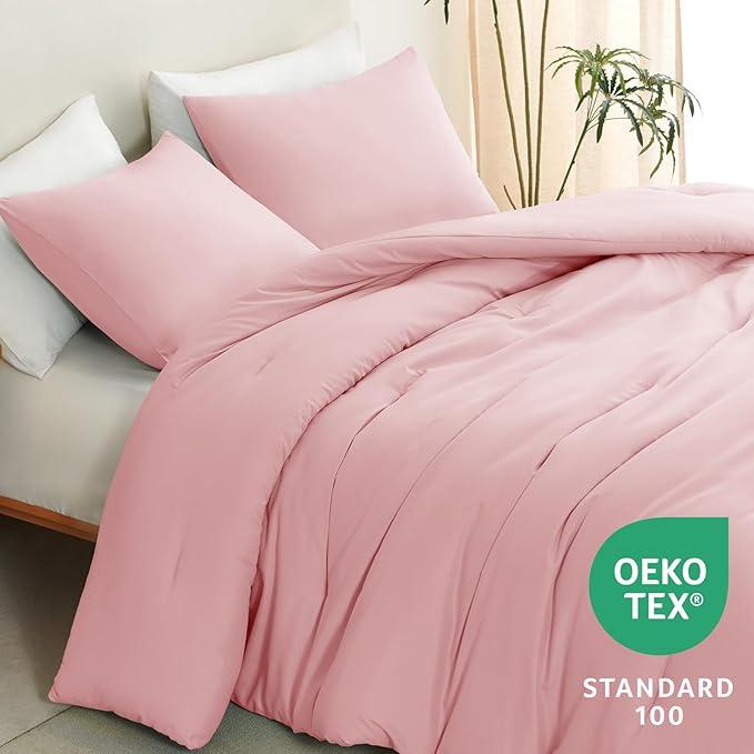 CozyLux King Size Comforter Set Pink, 3 Pieces Solid Comforters King Size Breathable Quilted Bedding Sets, Luxury Soft Bed Set with Down Alternative Comforter All Season (1 Comforter & 2 Pillowcases)