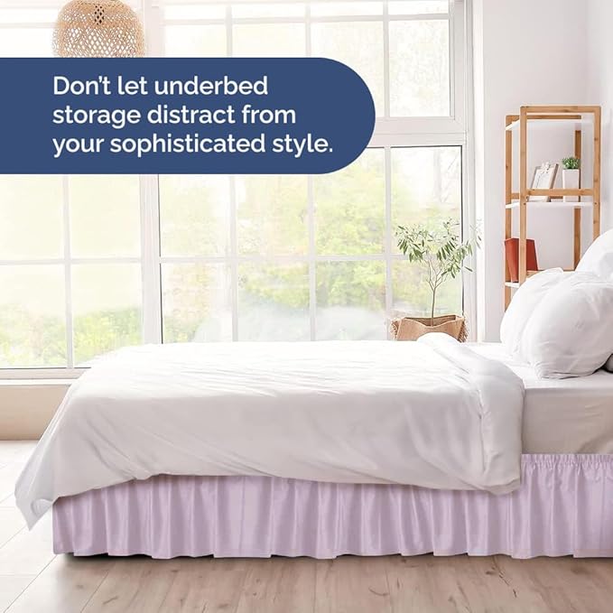 Wrap Around Dust Ruffle Bed Skirt - Light Lavender - for King Size Beds w/ 15 Inch Drop - Easy Fit Elastic Strap - Adjustable Pleated Bedskirt w/Brushed Fabric Wrinkle Free, Women, Men, Kids & Teens