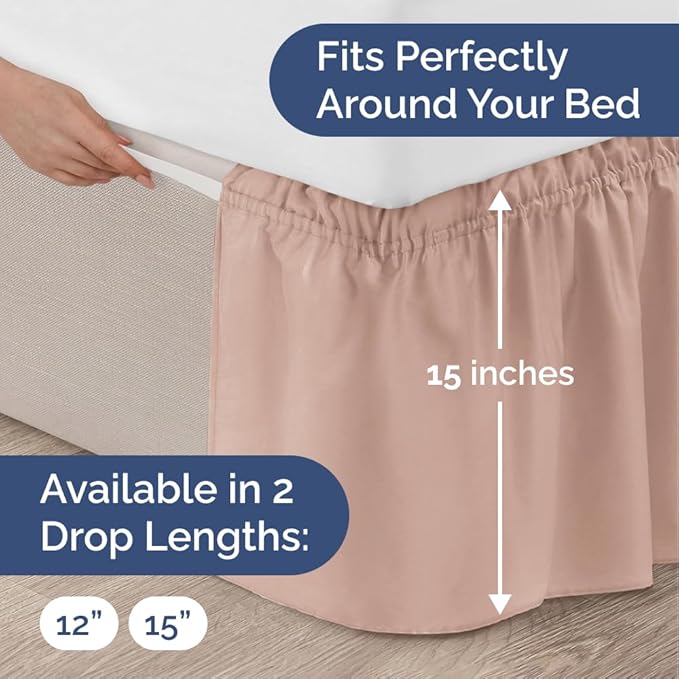 Wrap Around Dust Ruffle Bed Skirt - Mauve - Twin/Twin XL Size Beds w/ 15 Inch Drop - Easy Fit Elastic Strap - Adjustable Pleated Bedskirt w/Brushed Fabric - Wrinkle Free - Women, Men, Kids & Teens