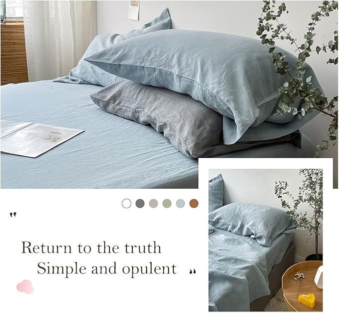 Simple&Opulence Washed Linen Bed Sheet Set Basic Style 4 Pieces (1 Flat Sheet & 1 Fitted Sheet & 2 Pillowcases) 100% Natural French Flax Soft Breathable Farmhouse Bedding (King, Duaty Blue)