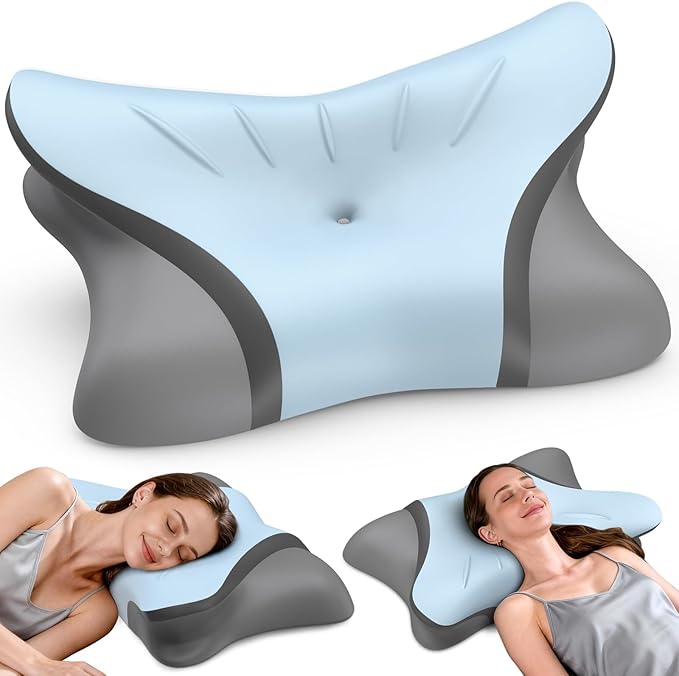 Cervical Neck Pillow for Pain Relief, Bed Pillows for Sleeping, Ergonomic Cooling Pillow, Orthopedic Contour Pillow for Side Back Stomach Sleepers,Neck Support Memory Foam Pillows (Blue&Grey)