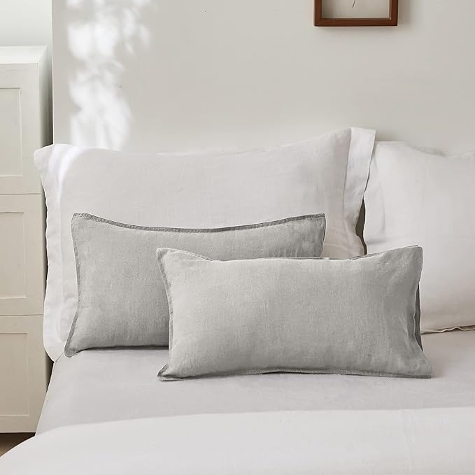 Simple&Opulence 100% Linen Lumbar Pillow Cover 12 x 20 Inches Set of 2 Rectangular Decorative Throw Cushion Cover for Couch Sofa Bed Living Room Office Soft Breathable Farmhouse - Light Grey