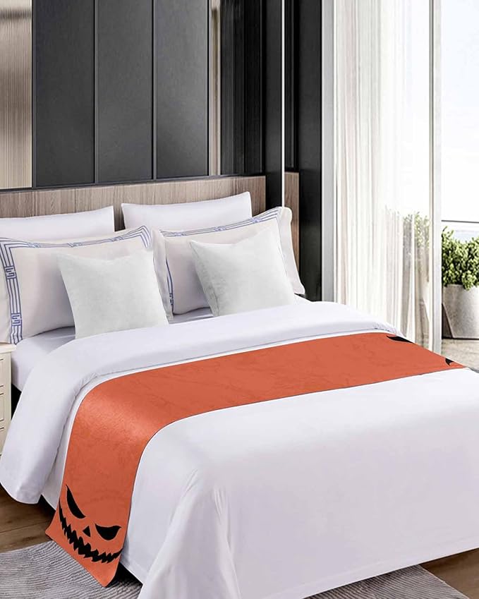 Halloween Black Ghost Scary Face Bed Runners for Bedroom Hotel,Decorative Bedding Scarf Horror Element on Orange Bed End Blanket Bedding Runner Scarves for King Size Bed,102x20in