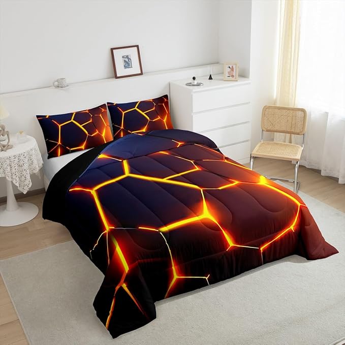 Honeycomb Print Bedding Set Red Black Fire Hexagonal Pattern Comforter Set for Kids Boys Girls Teens Beehive Geometrical Comforter Breathable Simplistic Duvet Set Room Decor Quilt Set Toddler Size