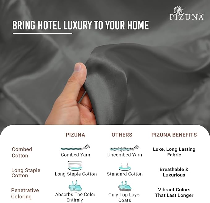 Pizuna Pure 100% Cotton Sheets California King Size, Luxurious 400 Thread Count Long Staple Cotton Sateen Sheets with 15" Deep Pocket (Combed Dark Grey Sheet California King)