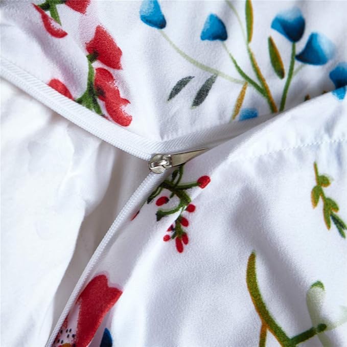 Feelyou Floral Duvet Cover Set Twin Vivid Flowers Bedding Set for Kids Girls Teens Women Pastoral Plants Branches Print Quilt Cover Set Polyester White Green Comforter Cover Set with 1 Pillow Sham
