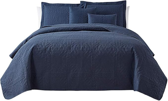 Hearth & Harbor Quilts Twin Size - All Season Bedspread Coverlet Set, Pinsonic Weave Lightweight Bedding Set - 5 Piece Twin Quilt Set with Pillow Shams, Grid - Navy