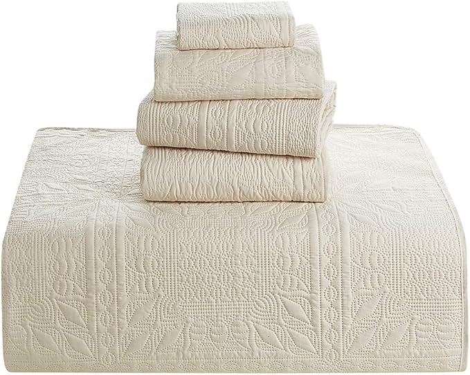 Hearth & Harbor Quilts Queen Size - All Season Bedspread Coverlet Set, Pinsonic Weave Lightweight Bedding Set - 7 Piece Queen Quilt Set with Pillow Shams, Grid - Cream