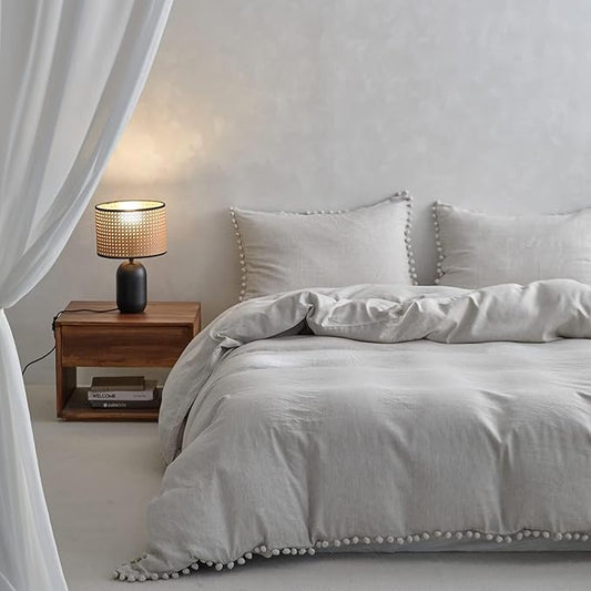 Simple&Opulence French Linen Blended Duvet Cover Queen, Flax Viscose Derived from Bamboo Bedding Set with Pom Pom Trim Soft Cooling for Hot Sleepers, 1 Boho Comforter Cover and 2 Pillow Shams, Linen