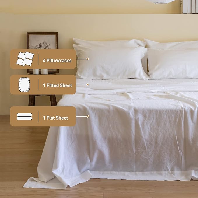 Simple&Opulence Belgian Linen Sheet Set Solid Color - 6 Pieces (1 Flat Sheet & 1 Fitted Sheet & 4 Pillowcases) 16" Deep Pocket Natural Flax Cotton Blended Soft Bedding - White, King Size