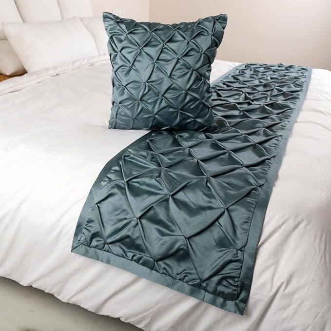 The HomeCentric Decorative Blue Twin 53 x 18 inch Bed Runner with Matching Pillow Cover, Satin Pintucks Bed Scarf, Solid Color Modern - Satin Nights