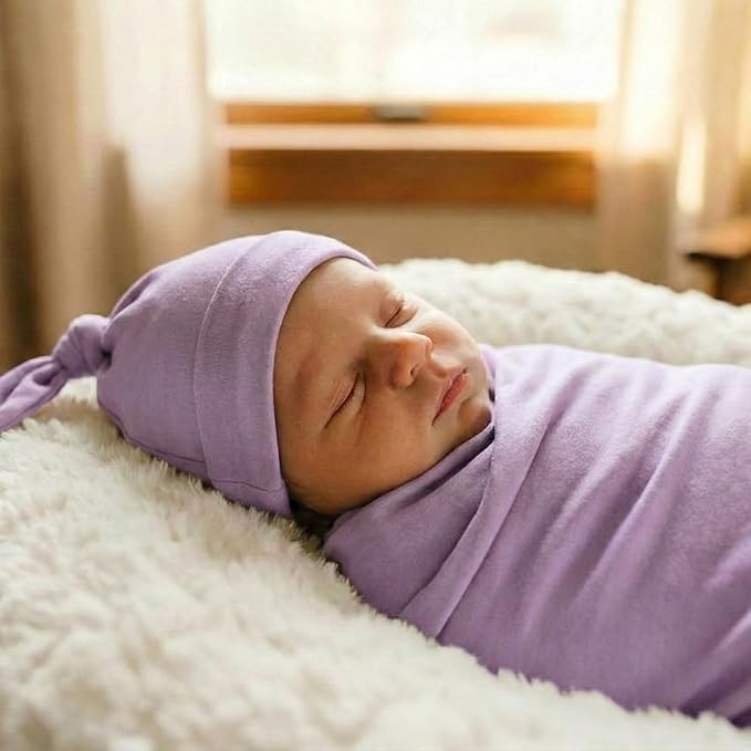 Large Jersey Knitted Swaddle Blanket for Baby, Soft Stretchy Receiving Blanket for Newborns with Hat, Baby Nursery Swaddle 47 x 47 inches(Lavender)