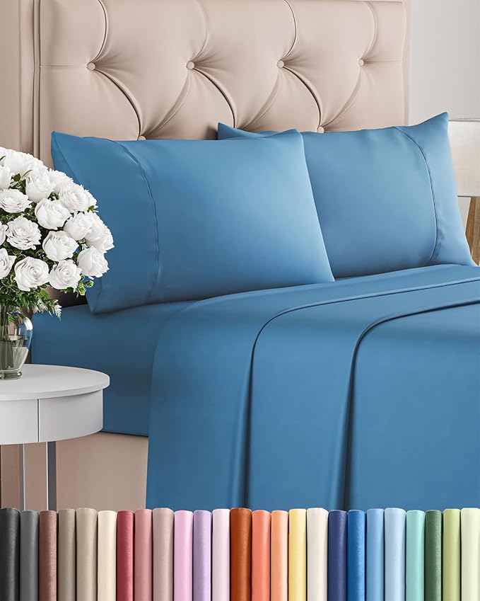 Twin 4 Piece Sheet Set - Comfy Breathable & Cooling - Ultra-Soft Hotel Luxury Bedding Set with 8-16 Inch Deep Pockets - 1 Flat & 1 Fitted Sheet & 2 Pillowcases - Wrinkle Free & Easy Care - Denim Blue