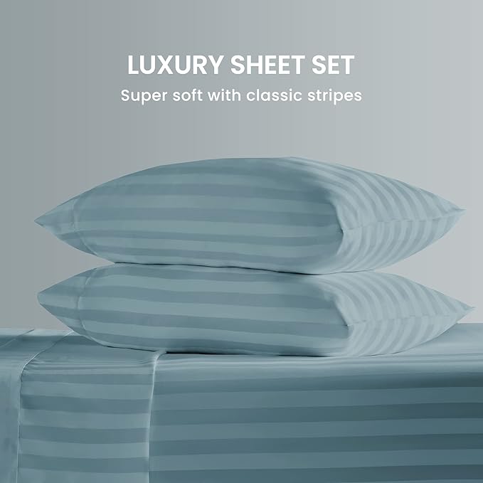 SLEEP ZONE Striped Cooling Twin Sheets Set for Kids - Fitted Flat Sheet & Pillowcase Sets 3 Piece - Super Soft Stripe Bed Sheet, Easy Care, Deep Pocket (Flint Blue, Twin)
