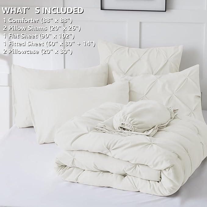 Queen Comforter Set Ivory, 7 Pieces Pintuck Bed in A Bag Queen Size Bedding, Soft Bed Set All Season Pinch Pleat Comforter Set with Sheets, Pillowcases & Shams