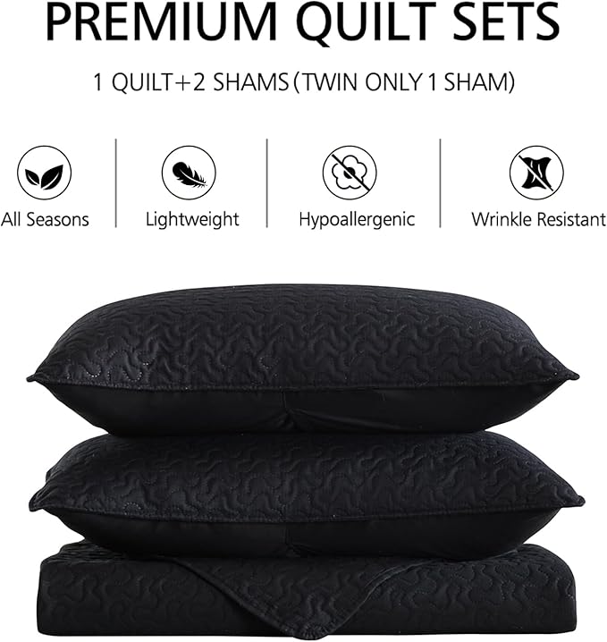 JML Quilts Set, Bedspread Coverlet Set with Pillowcases - 3 Piece Soft and Lightweight Bed Quilt for Spring, Autumn and Summer (Embossed Stripe - Black, King(92"x104"))