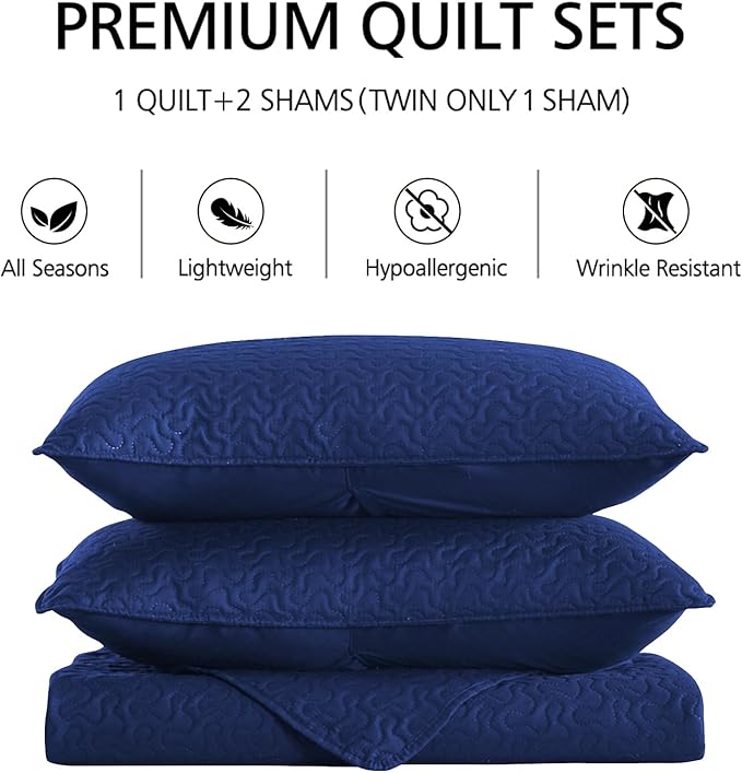 JML Quilts Set, Bedspread Coverlet Set with Pillowcases - 3 Piece Soft and Lightweight Bed Quilt for Spring, Autumn and Summer (Embossed Stripe - Navy, King(92"x104"))