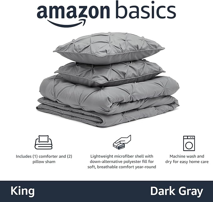 Amazon Basics Soft, Lightweight King Size Comforter Sets, All-Season Down-Alternative 3-Piece Bedding Set, Pinch Pleat Design, Dark Grey