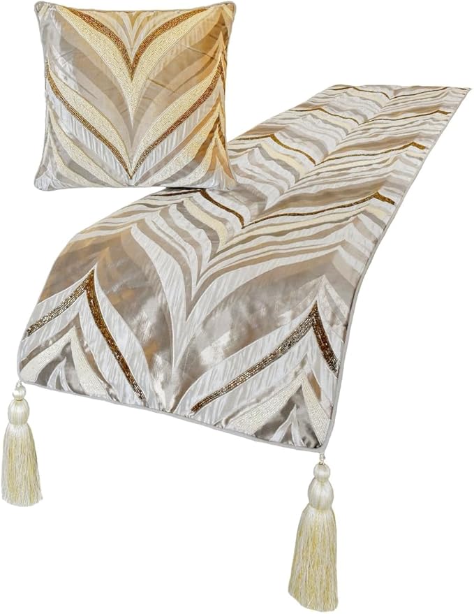 The HomeCentric King/Queen/Twin Ivory Decorative Full 68"x18" Bed Runner Without Pillow Cover, Bead Hand Embroidery Bed Scarf on Jacquard Fabric - Clarissa Serene