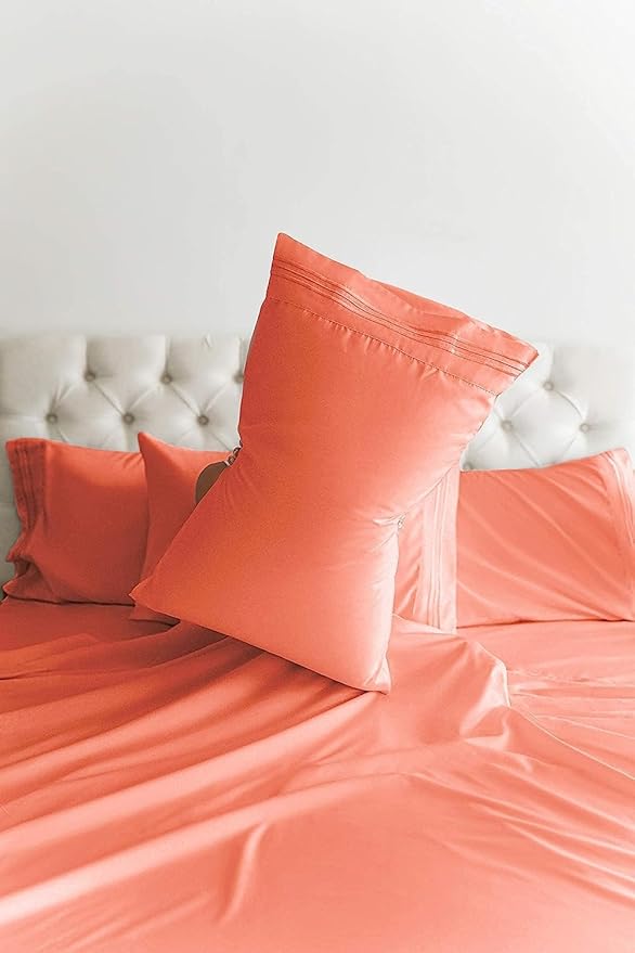 Queen 6 Piece Sheet Set - Comfy Breathable & Cooling - Ultra Soft Hotel Luxury Bedding Set w/ 8-16 Inch Deep Pockets - 1 Flat & 1 Fitted Sheet & 4 Pillowcases - Cozy, Wrinkle Free & Easy Care - Coral