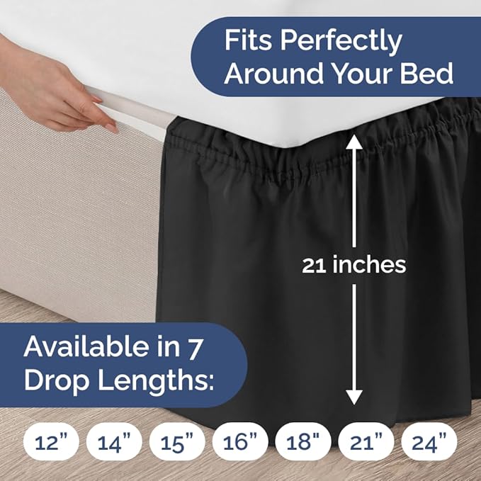 Wrap Around Dust Ruffle Bed Skirt - Black - Twin/Twin XL Size Beds with 21 Inch Drop - Easy Fit Elastic Strap - Adjustable Pleated Bedskirt w/Brushed Fabric - Wrinkle Free - Women, Men, Kids & Teens