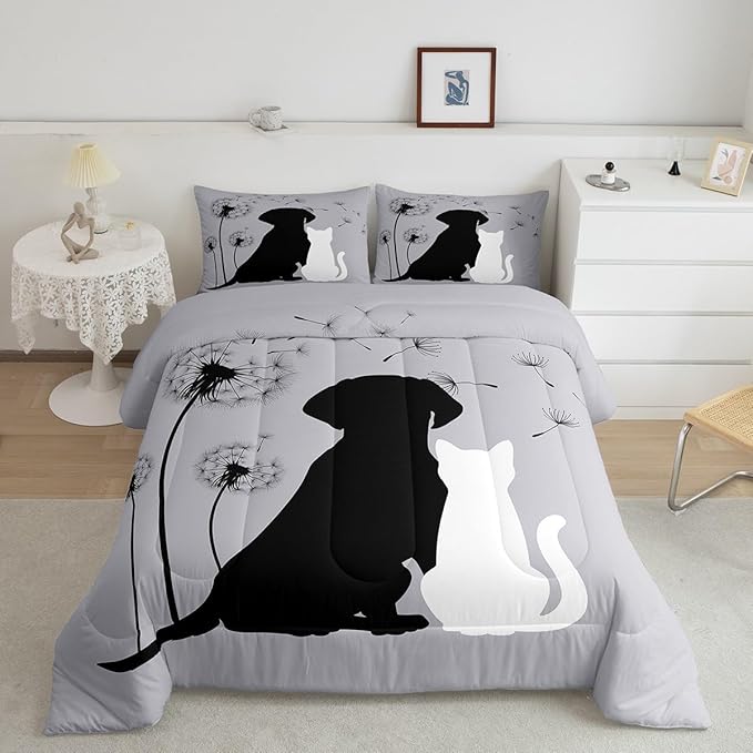 Cute Cat Dog Bedding Sets Twin, Kawaii Puppy Kitten Couple Comforter Set for Girls Boys Kids Teens, Dandelion Botanical Flowers Duvet Set, Cartoon Pet Animals Quilted Comforter with 2 Pillow Covers
