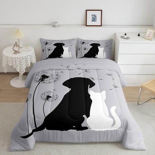 Cute Cat Dog Bedding Sets Twin, Kawaii Puppy Kitten Couple Comforter Set for Girls Boys Kids Teens, Dandelion Botanical Flowers Duvet Set, Cartoon Pet Animals Quilted Comforter with 2 Pillow Covers