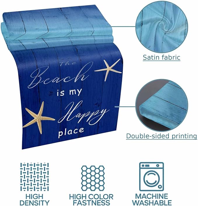 Happy Beach Place Marine Starfish Bed Runners for Bedroom Hotel,Decorative Bedding Scarf Gradient Blue Wood Grain Bed End Blanket Bedding Runner Scarves for Twin Size Bed,71x20in