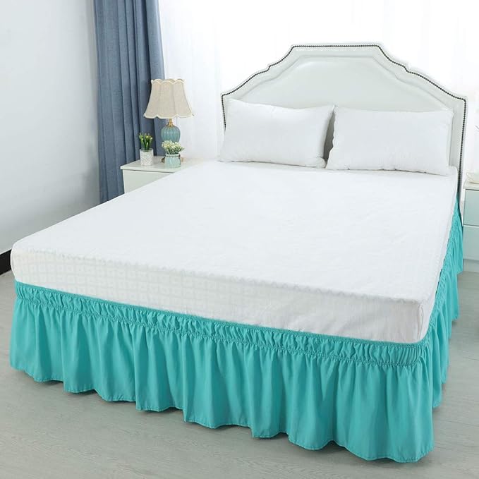 Bed Skirt - Wrap Around Bed Skirts Elastic Dust Ruffles, Easy Fit Wrinkle and Fade Resistant Luxurious Fabric Solid Color, Aqua King XL Size Beds 15 Inch Drop